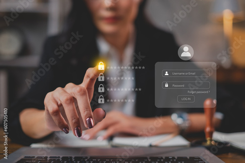 Hand pointing at lock sign password. Concept of Log in safety, Protection, privacy of software. Online access protect password system. Cyberspace, hacker, iso 27001, Website and email account device.