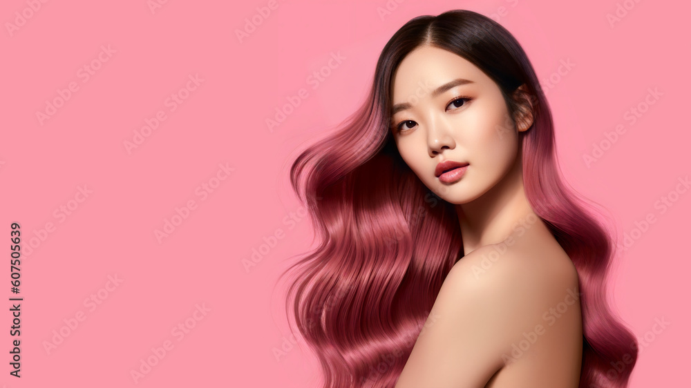 Asian model  with perfect shinig wavy hairs posing over pink background in studio. Generative AI.