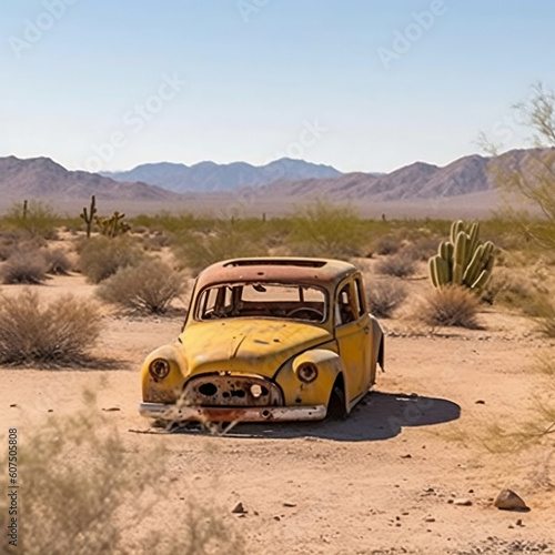 Rusty yellow taxi abandoned in the desert with cactus copy space, generative AI