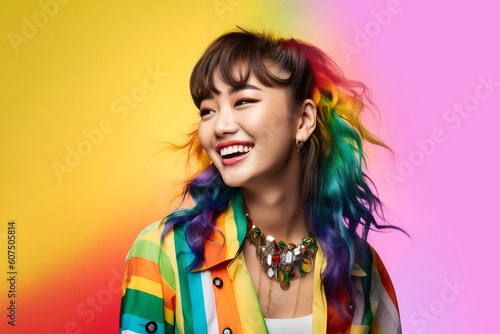Close up portrait of beautiful woman with wavy colorful hairs. Posing over multicolor background. Perfect skin. Generative Ai