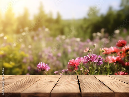 Wood table with flower background © weiss_owl