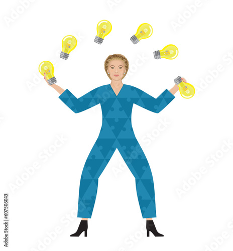 Woman juggling with light bulbs, ideas. Isolated. Vector illustration. photo