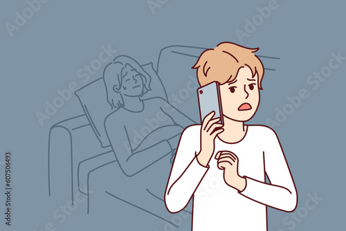 Flustered boy calls 911 and tells doctor symptoms of sick mom in need of medical attention. Sick woman lies on couch next to son with mobile phone trying to call hospital staff for help