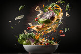 Splash of vegetable salad with flying ingredients on black background. Mixed media. created with generative AI