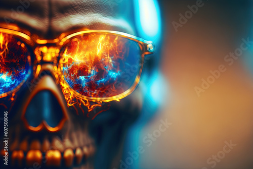 Techno zombie woth neon lights and shiny eyes. Cyberpunk horror party concept. Generated AI.