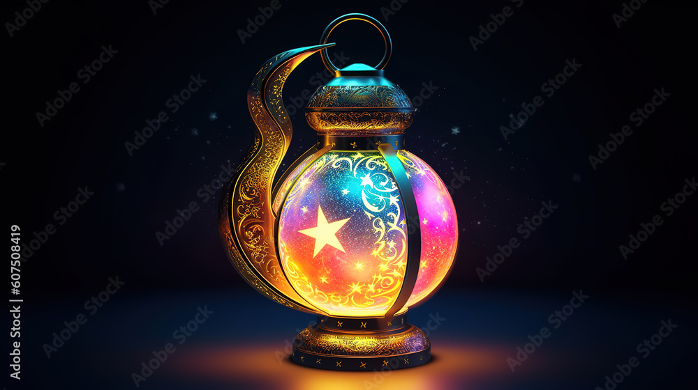 Holographic ramadan kareem lantern crescent moon created. Generative ai Holographic ramadan kareem lantern crescent moon created. Generative ai