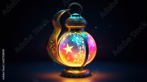 Holographic ramadan kareem lantern crescent moon created. Generative ai