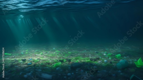 Pollution Of The Water, Trash, Green Water, Swamp, Generative AI Image
