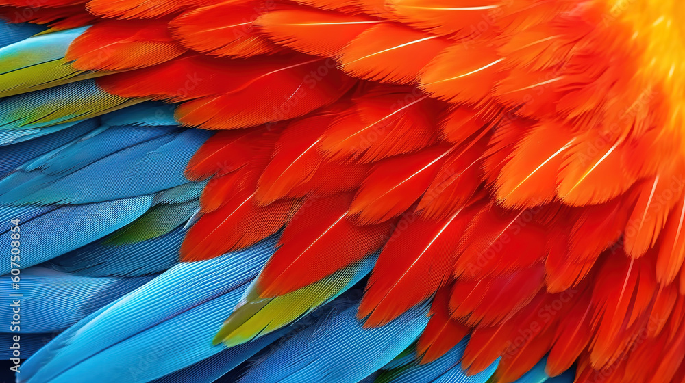 Fototapeta premium Beautiful texture of Scarlet macaw parrot bird feathers. Generative ai