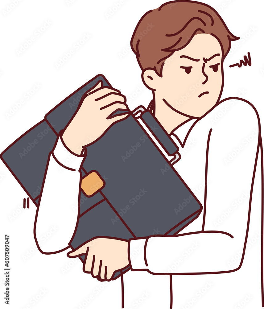 Excited man with business bag in hands is trying to avoid loss and theft of important documents