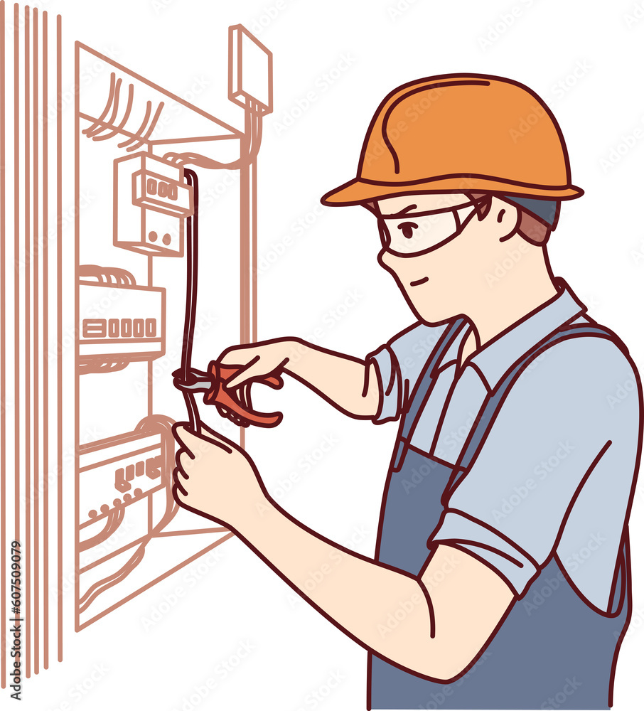 Man electrician repairs power shield and connects residential building or factory to electricity