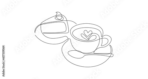 Cake and coffee one line style. Breakfast theme linear pastry cappuccino matcha, cafe bakery concept. Vector illustration