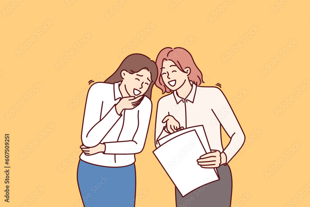 Women colleagues laugh at joke or funny story and share intimate gossip about company employees. Business women laugh when see stupid mistake in paper report made by inexperienced employee. Women colleagues laugh at joke or funny story and share intimate gossip about company employees. Business women laugh when see stupid mistake in paper report made by inexperienced employee.