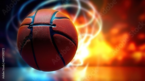 An official orange ball on a hardwood basketball court. Generative ai