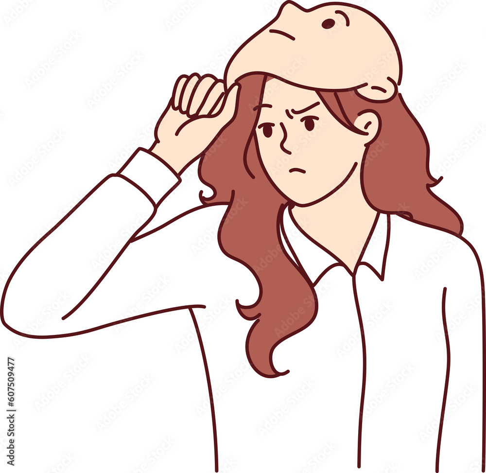 Frowning woman removes mask from face designed to hide identity or show fake emotions Frowning woman removes mask from face designed to hide identity or show fake emotions