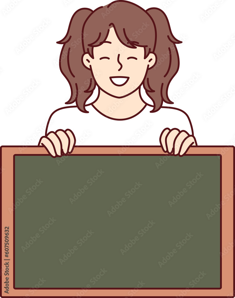 Little girl smiling demonstrates empty chalkboard designed for applying notifications Little girl smiling demonstrates empty chalkboard designed for applying notifications