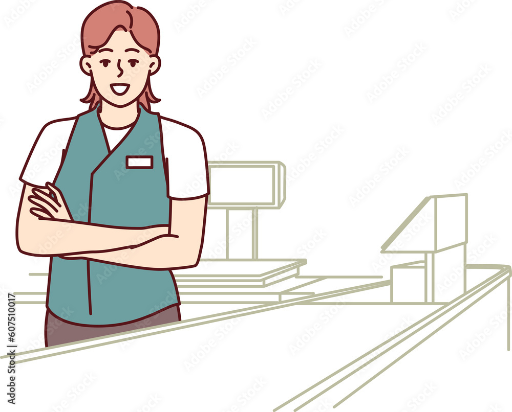 Woman supermarket cashier stands in checkout area of store with proudly arms crossed