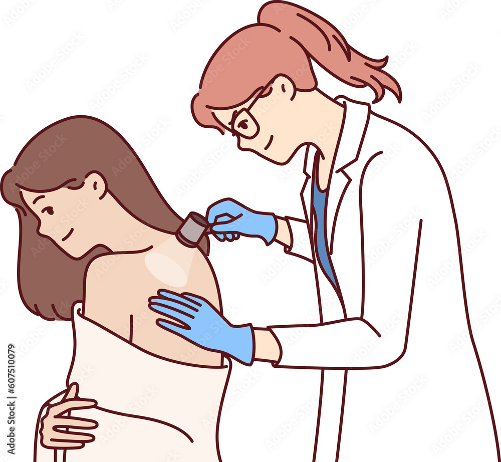 Woman dermatologist examines skin on patient back to help get rid of rash or acne Woman dermatologist examines skin on patient back to help get rid of rash or acne