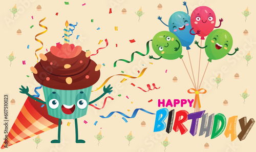 A Magical Birthday Celebration with a Scrumptious Cupcake, Playful Balloons, and Enchanting Decorations on a Light Yellow Color Background