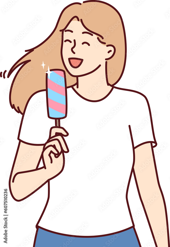 Woman eats ice cream to cool off in hot summer weather and enjoy cold sweet dessert Woman eats ice cream to cool off in hot summer weather and enjoy cold sweet dessert