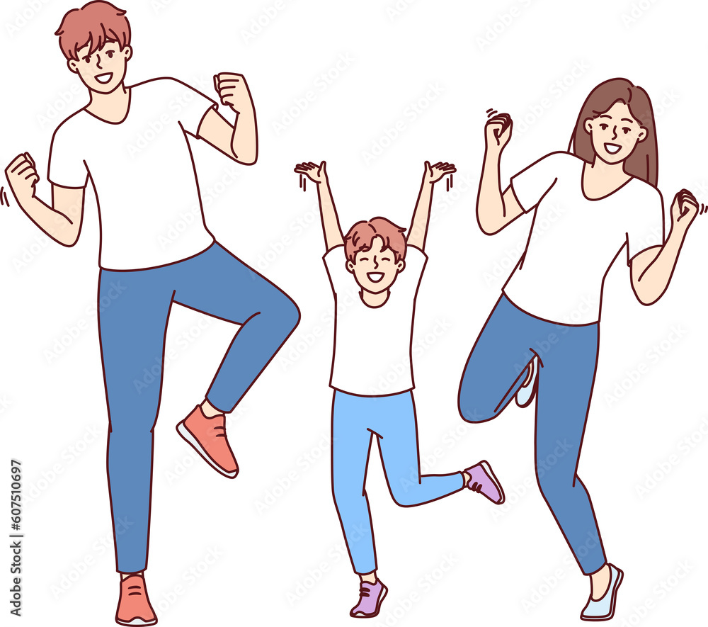 Φωτογραφία Rejoicing dad with mom and little boy dance and celebrate victory young family c