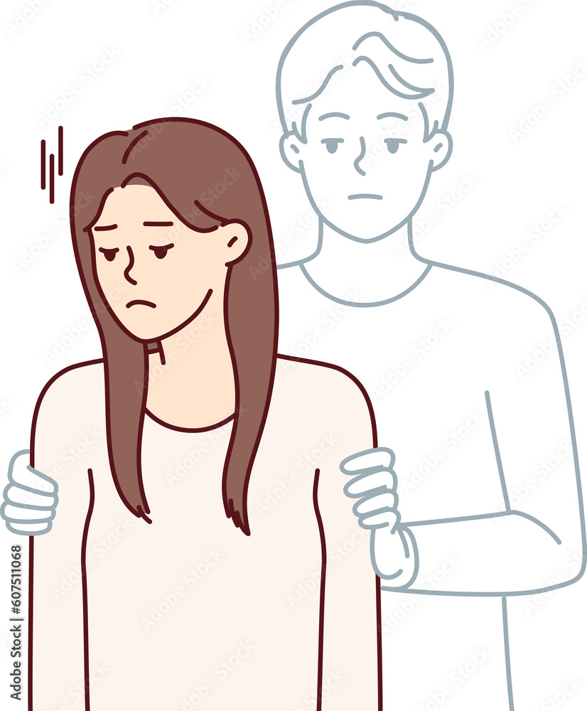 Sad girl with silhouette of man hugging beloved for concept of breaking up with boyfriend Sad girl with silhouette of man hugging beloved for concept of breaking up with boyfriend