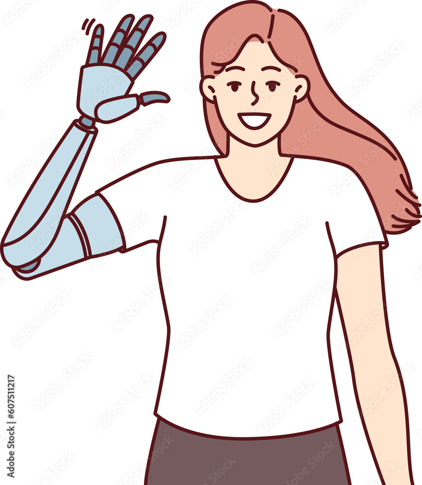 Happy girl waves prosthesis hand to demonstrate new mechanical robotic hand Happy girl waves prosthesis hand to demonstrate new mechanical robotic hand