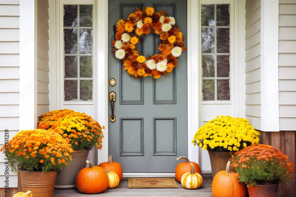 Cute and cozy cottage with fall decorations, pumpkins on the front porch and a wreath, generative AI - obrazy, fototapety, plakaty 