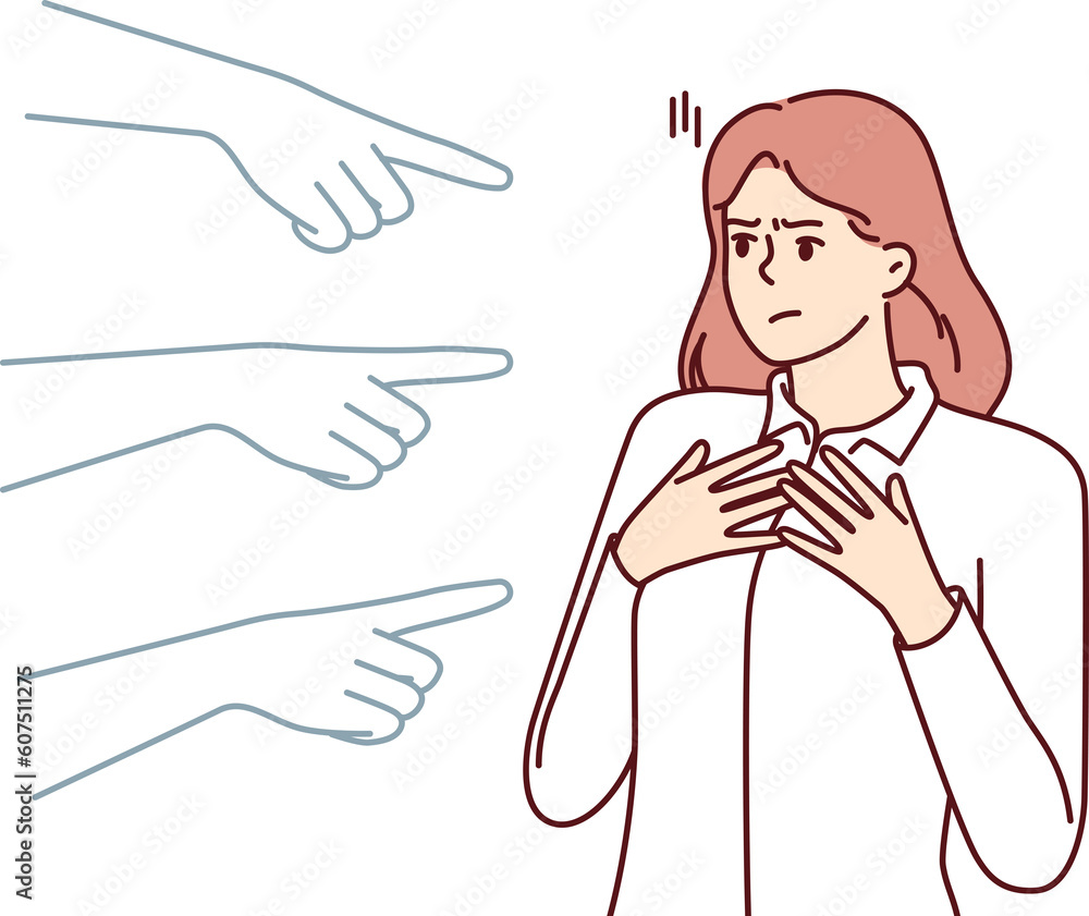 Hands pointing at puzzled girl for concept blame and condemnation person who made mistake Hands pointing at puzzled girl for concept blame and condemnation person who made mistake