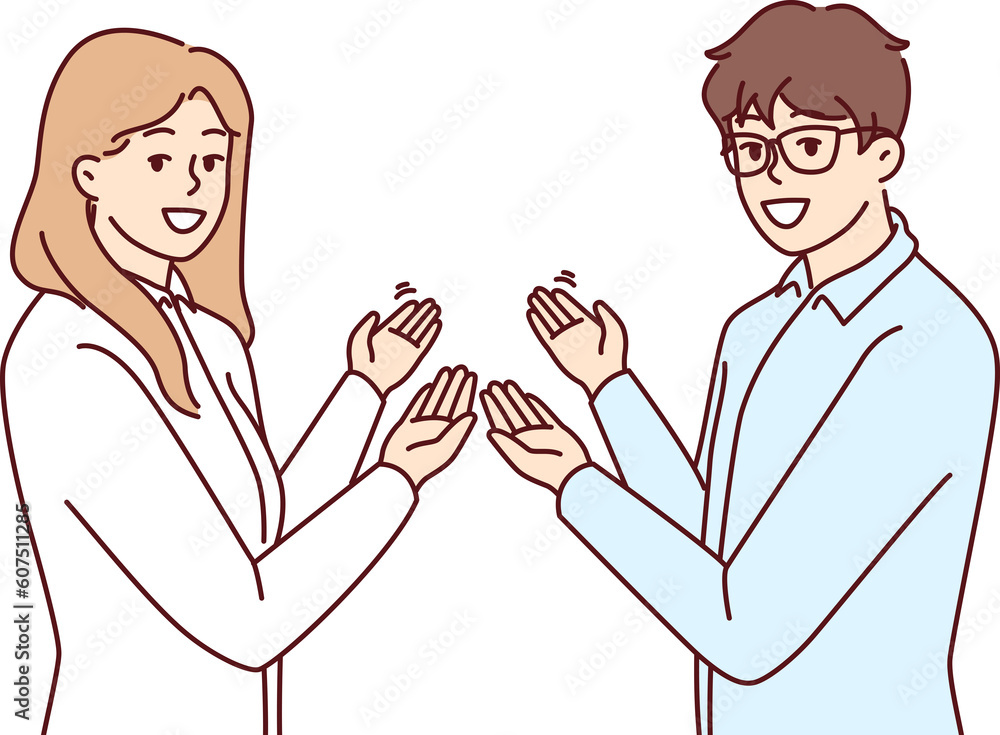 Fototapeta premium Couple man and woman in business clothes make inviting gesture with hands urging you to visit sale