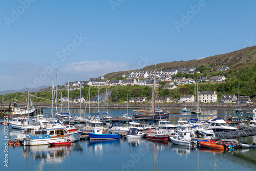 25 May 2023. Mallaig Scotland. This is the Mallaig Harbour and Marina on the West Coast of Scotland on a very sunny afternoon.
