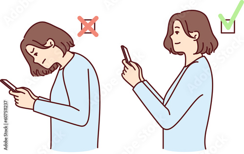 Girl with mobile phone demonstrates correct and incorrect posture while using applications