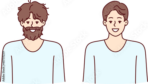 Man before and after going to barbershop to professional stylist for hair and beard care