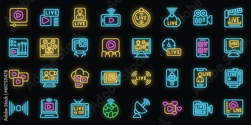 Live stream icons set outline vector. Air music. Tv now neon color on black