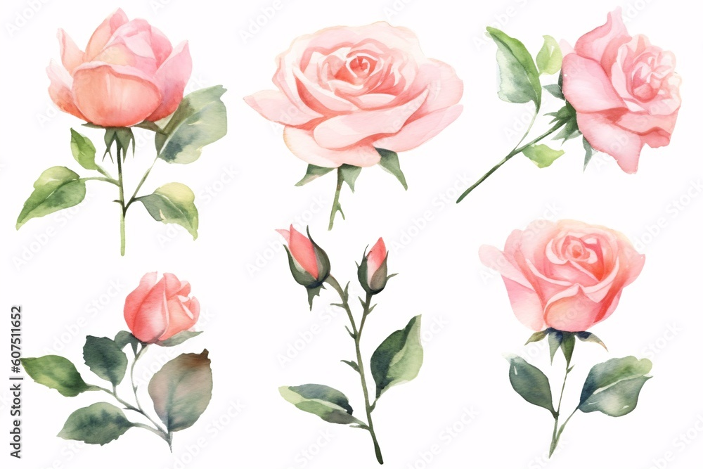 Flowers roses, branches, leaves and buds on an isolated white background, watercolor illustration, floral design. Generative Ai.