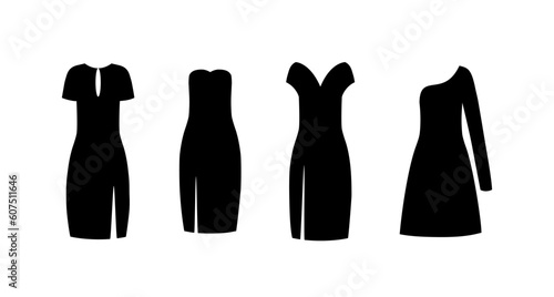 Fototapeta Naklejka Na Ścianę i Meble -  Little black and cocktail dress. Set of fashion evening dresses. Silhouette apparel. Four women clothing. Clothes icon isolated on white background. Vector illustration.