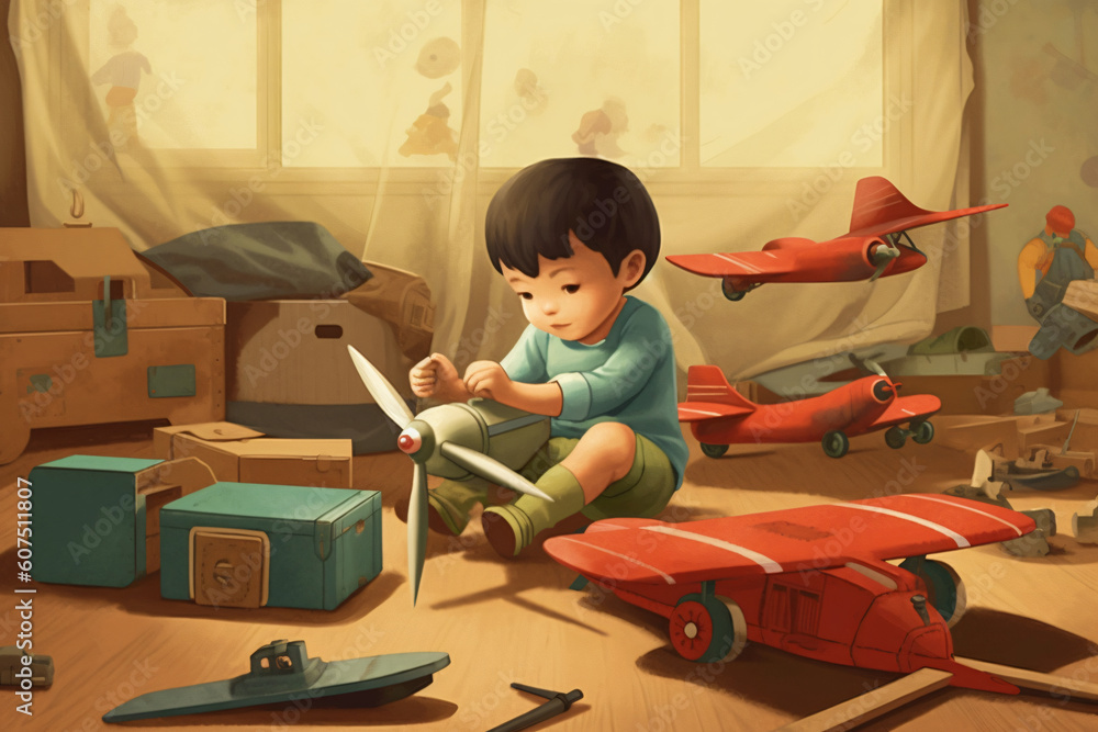 illustration of kid playing with toy planes made with Generative AI illustration of kid playing with toy planes made with Generative AI