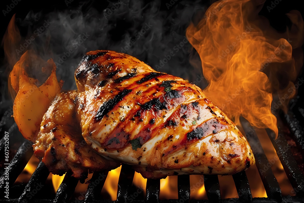 Grilled chicken breast on a grill grate with flames under it, generative AI - obrazy, fototapety, plakaty 