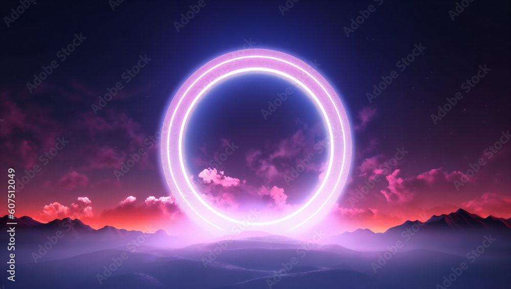 3d render, abstract geometric background, ring shape glows with neon light inside the soft colorful cloud, fantasy sky with blank linear round frame generative ai