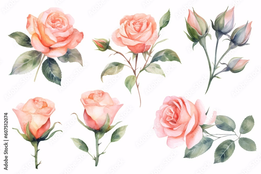 Flowers roses, branches, leaves and buds on an isolated white background, watercolor illustration, floral design. Generative Ai. Flowers roses, branches, leaves and buds on an isolated white background, watercolor illustration, floral design. Generative Ai.
