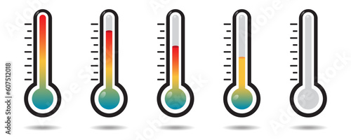Different temperature thermometer icons set. Changing temperature from cold to hot vector graphics eps10