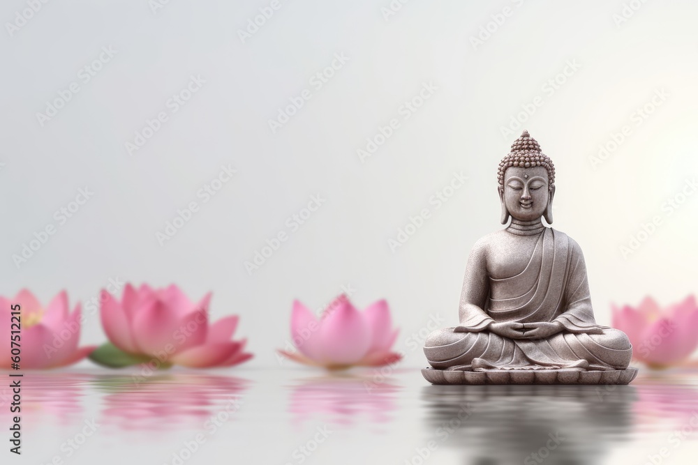Minimalistic Buddha Statue and Lotus Flower on Empty Space Background