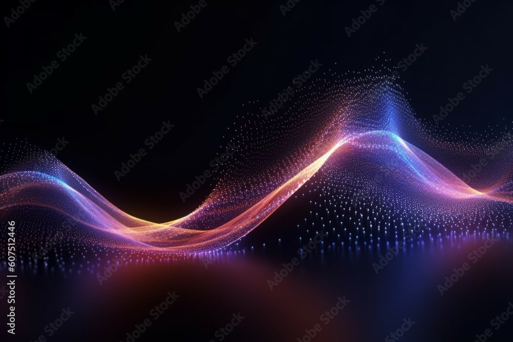 Abstract wave with moving dots and lines flow background. Backdrop for design. AI generated, human enhanced