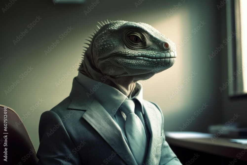 Anthropomorphic iguana dressed in a suit like a businessman. Business Concept. AI generated, human enhanced Anthropomorphic iguana dressed in a suit like a businessman. Business Concept. AI generated, human enhanced