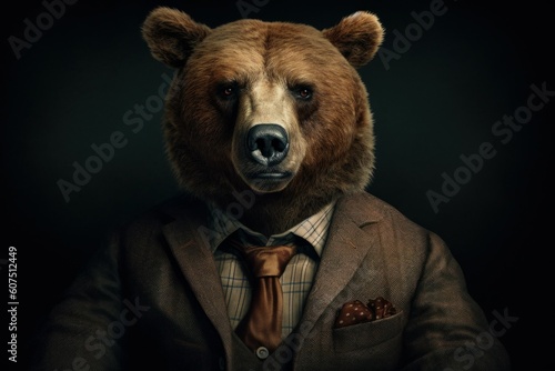 An anthropomorphic bear dressed in a business suit like a boss. AI generated, human enhanced