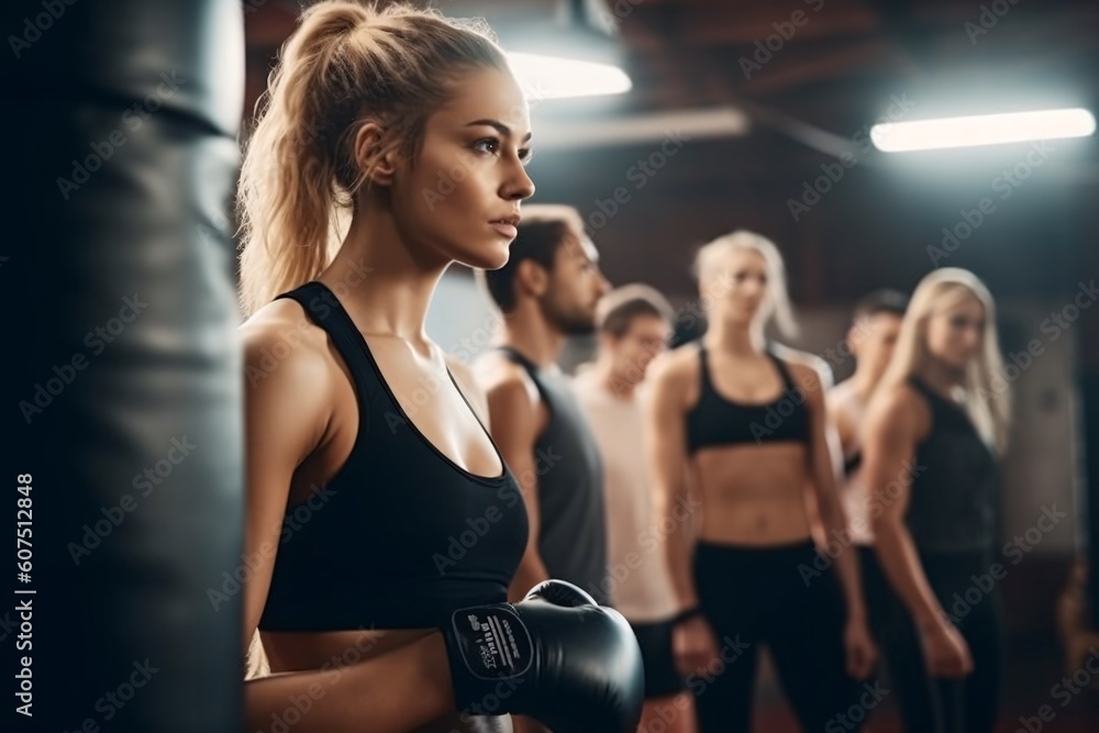 Profile view of a beautiful female boxer training next to a group of people in a gym. Generative Ai.