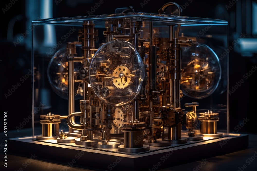 Fototapeta premium Fantastic sparkling perpetual motion machine in an industrial background. Generative AI