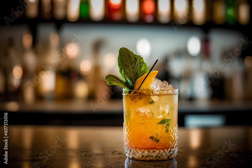 Mai tai cocktail on a bar counter with blurred bar behind, generative AI photo