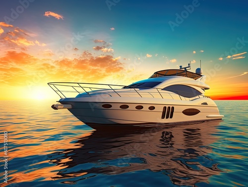 Luxury motor yacht on the ocean at sunset. Created by AI. © index74