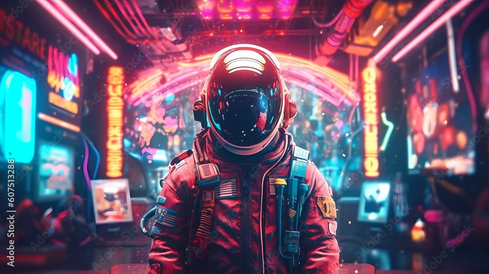 Sci-fi Retrowave space illustration of science fiction scene with mysterious astronaut figure in space suit surrounded by glowing neon tube lights. Generative Ai. Sci-fi Retrowave space illustration of science fiction scene with mysterious astronaut figure in space suit surrounded by glowing neon tube lights. Generative Ai.